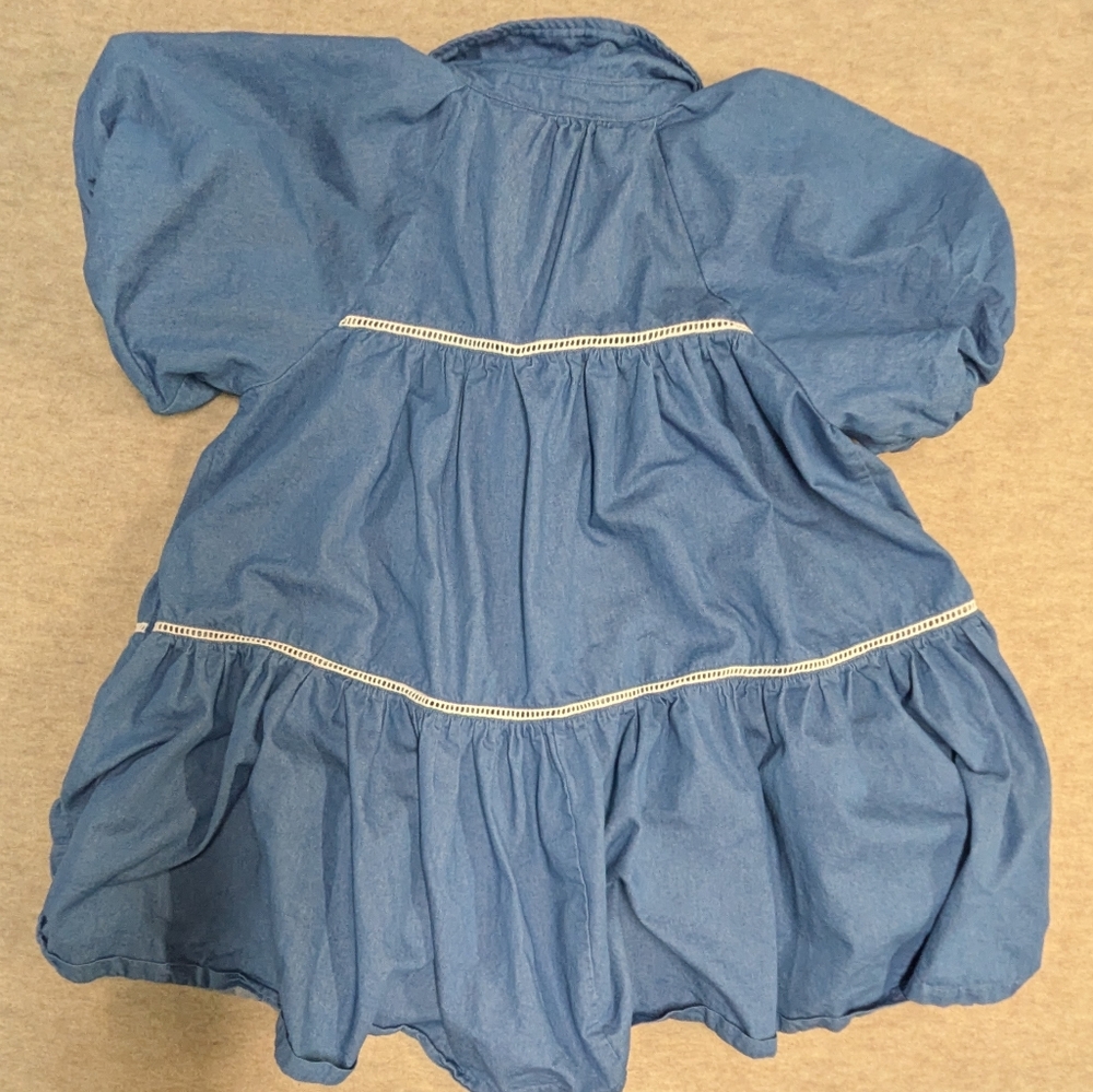 En Saison Tara Tiered Cotton Trapeze Mini Dress Denim Puff Sleeve Size Large - Picture 9 of 11